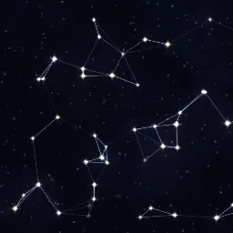 Mapa de constelações: Um mapa de constelações que se move lentamente: estrelas brilhantes flutuam juntas, conectadas às estrelas mais próximas por linhas finas e claras que mantêm suas formas, sobre estrelas de fundo cintilantes e uma nebulosa tênue.