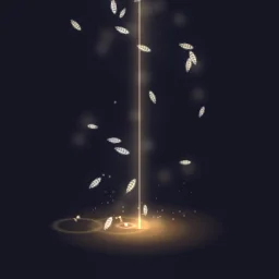 Feather Blessing: A soft shaft of light falls from above and white-gold feathers drift down through it, swaying and spinning; each one dissolves into rising motes with a small ring of light where it touches the ground.