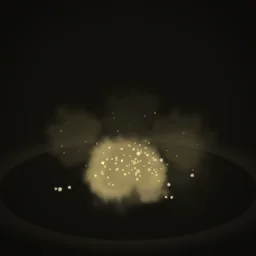 Puffball Burst: Puffball burst: a mushroom pops in a low dome of earthy spore smoke that billows out and lingers as a haze of drifting spores, with shredded cap bits bouncing on the ground.