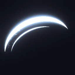Arco de Golpe de Espada: Efeito de golpe de espada para jogos 2D: um arco em crescente corta a tela com uma borda incandescente e brilho azul, enquanto a cauda acompanha a ponta até formar um fio agudo, com uma chuva de faíscas.