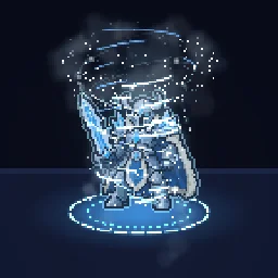 Pixel Art Blizzard Vortex: A frost warrior spins up a pixel-art blizzard vortex: snow spirals in along the floor, then a swirling column of snow, wind streaks and tumbling ice shards whirls around him over a cold floor ring before it bursts outward and the flakes drift down.
