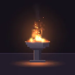 Pixel Art Brazier Loop: Pixel art brazier fire loop: a white-hot flame with tapering orange tongues and licking trails burns in a stone brazier, embers drift up and warm light flickers on the wall and floor.