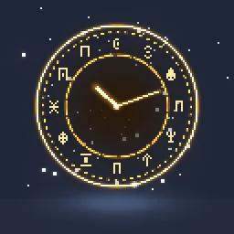 Pixel Art Time Stop: A pixel art time stop: a gold clock face of runes spins open, a pulse sweeps out and freezes every floating mote mid-air while the world drains to grey, then the hands spin back and time snaps on again.