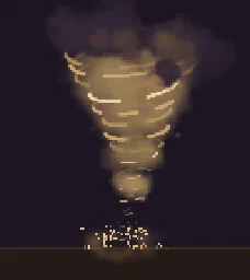 Pixel Art Tornado: A swaying pixel-art tornado of spinning dust bands with debris orbiting the funnel and grit kicked up at its base, as a seamless loop.