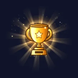 Victory Trophy Shine: A gold trophy for victory and results screens: the cup floats in front of slowly turning sunbursts while a shine sweeps across it, its rim glints and gold glitter drifts down.