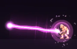 Shrink Ray: Shrink ray: a pink ray with spiralling sparkles shrinks a cyclops to a third of its size inside contracting rings, then it pops back to full size in a puff of stars.