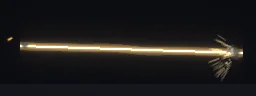 Sniper Tracer: Sniper tracer: a sharp muzzle flash and smoke puff, an instant gold tracer that lingers as heat shimmer, an impact puff with sparks and chips at the far end, and a brass casing that bounces on the floor.