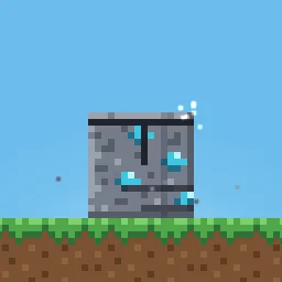 Bloco de Mineração Quebrando: Mineração de bloco em pixel art: três golpes de picareta fazem um bloco de minério de diamante tremer, com faíscas e lascas enquanto as rachaduras se espalham; então, ele se quebra em pedaços grandes que quicam na grama, e um diamante cai.