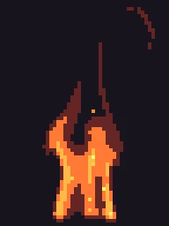 Pixel Fire Column: Pixel art fire effect: a retro column of flame licks and flickers in chunky square pixels with hard colour bands and no dithering.