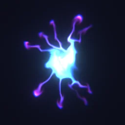 Plasma Explosion: Plasma explosion effect for 2D games: a blue-white energy blast that tears outward in swirling arms of cyan and violet plasma, with crackling sparks and shock rings.