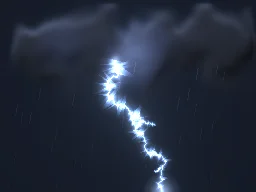 Thunderstorm Cloud: Lightning storm cloud effect for 2D games: a dark thundercloud churns and lights up from inside as lightning forks to the ground, with driving rain.