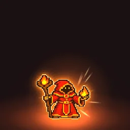 Charge Up: Charge up effect for a 2D character sprite: energy streams inward as it crouches and trembles, its glow and flickering outline building, then it releases in a bright flash with a double shock ring, a burst of sparks and rising embers.