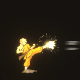 Chi Strike: Chi strike for a monk sprite: golden chi gathers at the foot, the kick lands with a double shockwave, a burst of energy, speed lines and kicked-up dust.