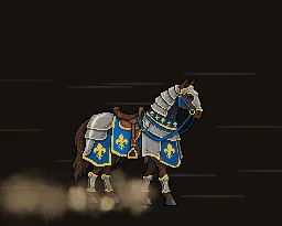 Gallop Charge: Gallop charge for a mount sprite: the armoured war horse bounds in a four-beat rhythm, every hoof kicks up dust and clods, a dust trail streams behind and speed lines rush past.