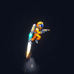Jetpack Thrust: Jetpack thrust for an astronaut sprite: it hovers and sways on a blue-hot flame jet that burns orange, trailing sparks and grey exhaust smoke.