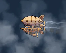 Propeller Wash: Propeller wash for a flying vehicle sprite: a steampunk airship bobs through drifting clouds while its propellers throw streaks of wind, the engine puffs smoke and sparks.