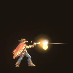 Quickdraw: Quickdraw for a gunslinger sprite: three fanned shots, each with a kick, a muzzle flash and a bullet streak, as gun smoke curls up and brass casings spin out and bounce.
