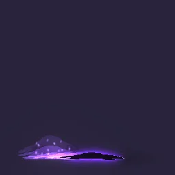Paso de sombra: Efecto de paso de sombra para un sprite de personaje 2D: se oscurece hasta convertirse en una silueta con bordes violetas, se aplana y se hunde en su propia sombra, cruza el suelo dejando imágenes residuales y emerge de una nube de humo negro al otro lado.