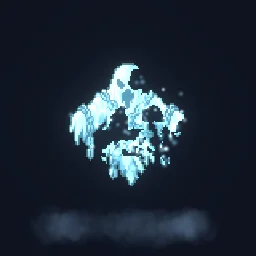 Spectral Phase: Spectral phase for a ghost sprite: it flickers out through cold cyan static into wisps, hangs unseen, then flickers back as its chains rattle with sparks.
