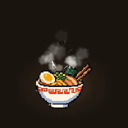 Steaming Hot: Steaming hot for a ramen bowl sprite: soft steam wisps and curls rise and sway off the broth while fresh sparkles and a shimmer play over the bowl.