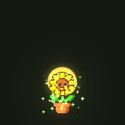 Sunbloom Heal: Sunbloom heal for a sunflower sprite: it bobs and bursts into a shower of petals with a warm sun ring, then green healing motes rise around it.