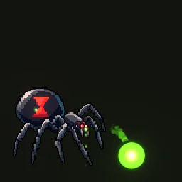 Venom Spit: Venom spit for a giant spider sprite: the abdomen and fangs glow green as venom gathers, it rears and spits a big outlined glob that arcs across, splats into droplets and spreads into a hissing acid pool.