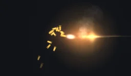 Minigun Spin-up: A rotary cannon spinning up and firing: the barrel whirls up to speed, a stream of muzzle flashes and tracers rips out, brass casings arc out and tink off the floor, and the hot barrel smokes as it winds down.