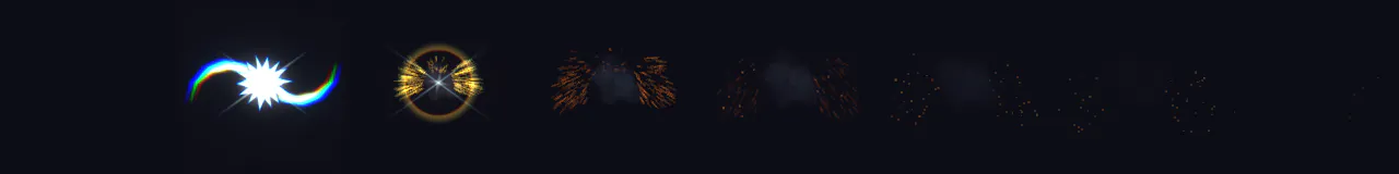 Sword Clash Sparks at 8 moments, from 0 s to 0.88 s