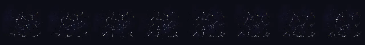 Mapa de constelações em 8 momentos, de 0 s a 8.75 s