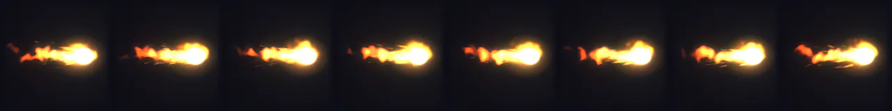 Shooting Fireball at 8 moments, from 0 s to 0.88 s