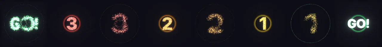 Contagem Regressiva com Partículas: 3, 2, 1, VAI em 8 momentos, de 0 s a 3.5 s