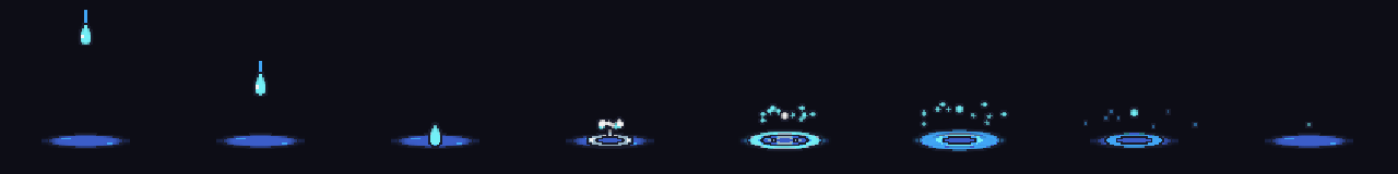 Pixel Raindrop Splash at 8 moments, from 0 s to 0.79 s