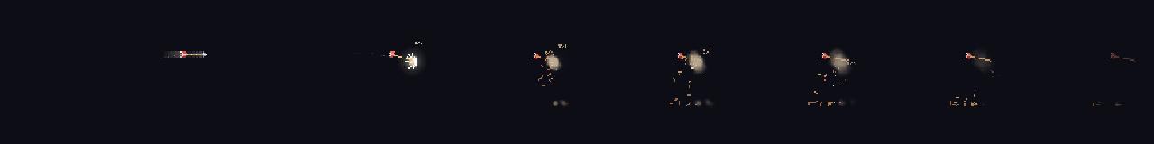 Pixel Art Arrow Hit at 8 moments, from 0 s to 1.4 s