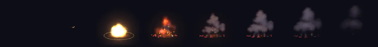 Pixel Art Barrel Explosion at 8 moments, from 0 s to 2.8 s