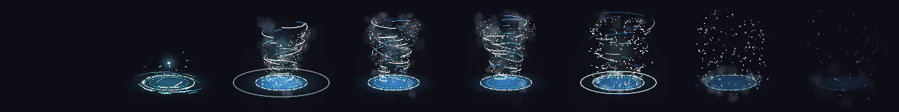 Pixel Art Blizzard Vortex at 8 moments, from 0 s to 2.98 s