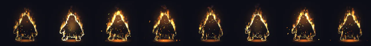 Pixel Art Burning Status at 8 moments, from 0 s to 2.1 s