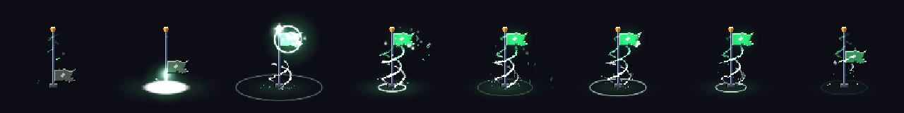 Pixel Art Checkpoint Flag at 8 moments, from 0 s to 2.8 s