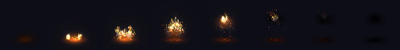 Pixel Art Dissolve Burn at 8 moments, from 0.2 s to 3 s