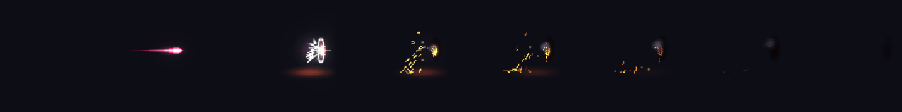 Pixel Art Energy Bullet Impact at 8 moments, from 0 s to 1.31 s