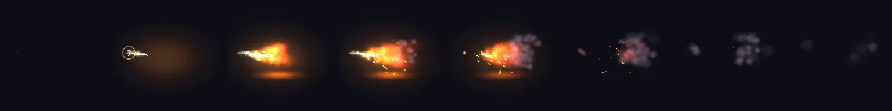 Pixel Art Fire Breath at 8 moments, from 0 s to 2.45 s