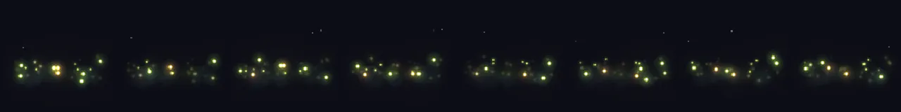 Pixel Art Fireflies Night Loop at 8 moments, from 0 s to 3.5 s