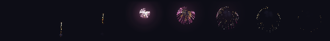Pixel Art Firework Burst at 8 moments, from 0 s to 2.8 s