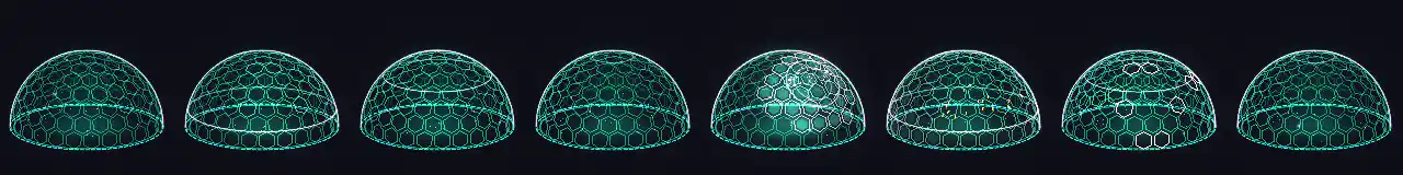 Pixel Art Force Field Dome at 8 moments, from 0 s to 2.63 s