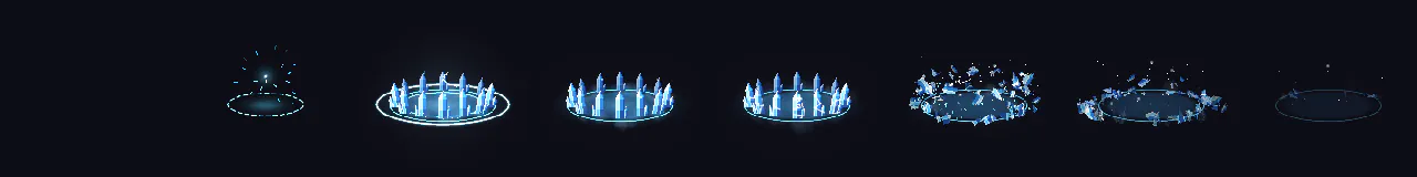 Pixel Art Frost Nova at 8 moments, from 0 s to 2.8 s