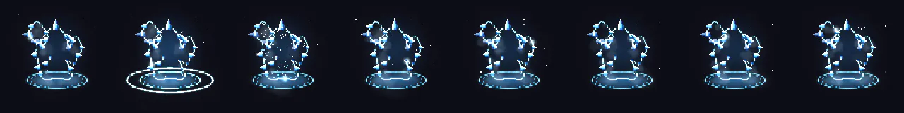 Estado de congelación pixel art en 8 momentos, de 0 s a 2.8 s