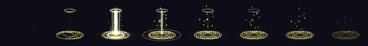 Pixel Art Holy Smite at 8 moments, from 0 s to 2.45 s