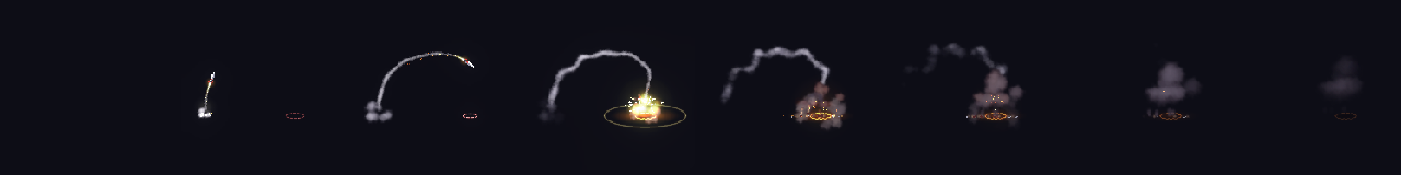 Pixel Art Homing Missile at 8 moments, from 0 s to 3.41 s
