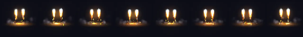 Pixel Art Jetpack Thrust at 8 moments, from 0 s to 1.75 s