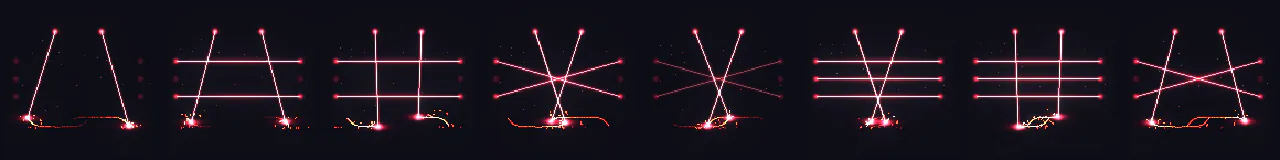 Trampa de láseres pixel art en 8 momentos, de 0 s a 3.5 s