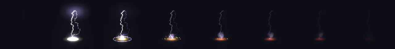 Pixel Art Lightning Strike at 8 moments, from 0 s to 1.22 s